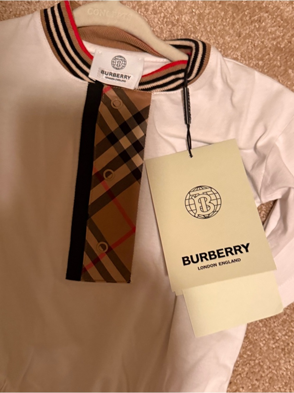Burberry White Baby One-Piece with Beige Check Placket includes bib - Picture 2 of 6